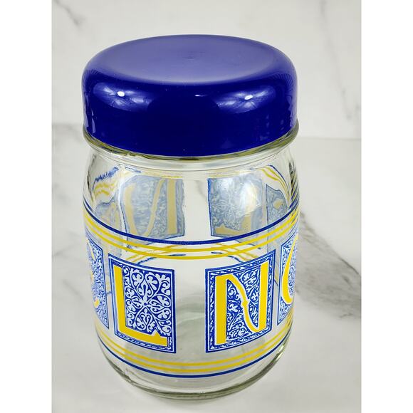Noel Glass Canister Jar Cookie w/ Blue Lid 7" x 4 1/2" Container Storage - Picture 8 of 16